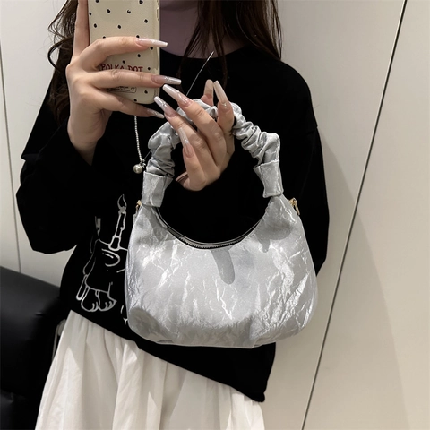 Bolso Hobo Vintage Para Mujer Cuero PU Asa Fruncida Scrunchie Nube Media Luna Bolso De Hombro Cruzado Moda Simple