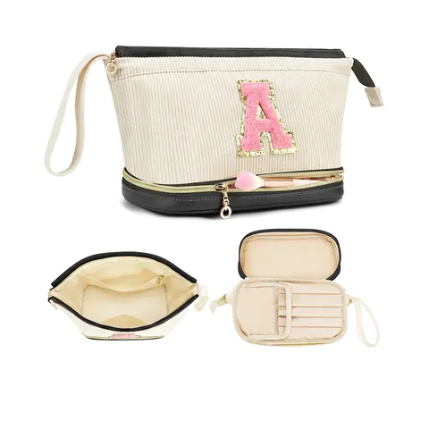 Bolsa De Maquillaje De Pana Gran Capacidad Parche De Letras De Chenilla Organizador De Aseo Portátil Para Mujer