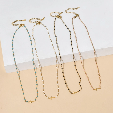 Collar Colgante Cruz Acero Inoxidable Cuentas Esmalte Coloridas Bohemio Minimalista Mujeres Ajustable