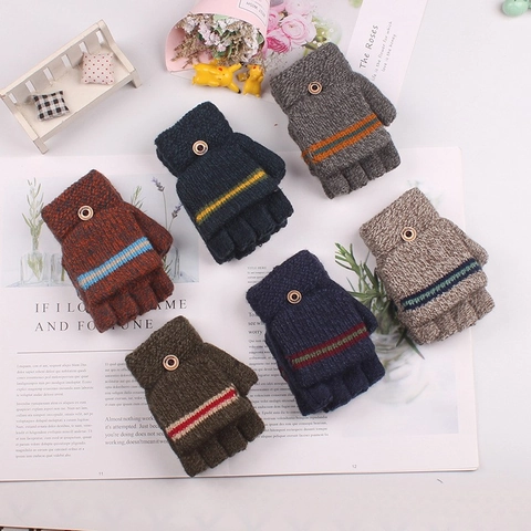 Gants Convertibles Tricotés Pour Enfants Hiver Chaud Flip Top Demi Doigt Motif À Rayures Bouton En Bois