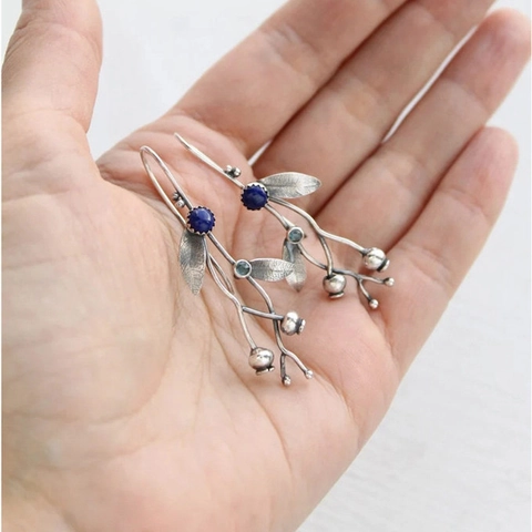 Vintage Alloy Branch Leaf Vine Drop Earrings Natural Plant Inlaid Lapis Lazuli Retro Handmade Style Jewelry For Women