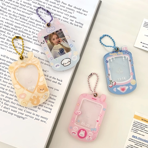Cute Cartoon Acrylic ID Card Holder Keychain Retro Phone Game Console Shape Photo Frame With Bead Chain