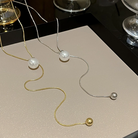 Minimalist Stainless Steel Long Sweater Necklace For Women With Artificial Pearl Pendant Adjustable Slide Chain Jewelry