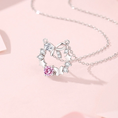 Collana a Ghirlanda in Argento Sterling S925 per Donna Ciondolo con Fiocco Farfalla Stella e Zirconia Rosa Gioielli alla Moda