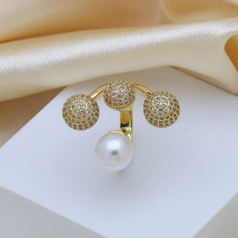 Gold Plated Brass Open Ring With Faux Artificial Pearl And Zircon Geometric Adjustable Layered Ball Design For Women