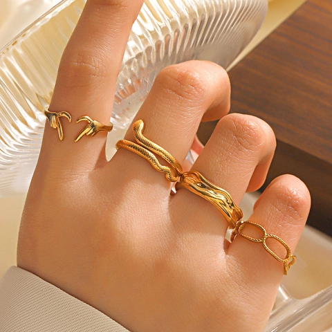 Geometric Stainless Steel Rings For Women 18K Gold Plated Adjustable Open Ring Heart Hands Snake Chain Irregular Lava Jewelry