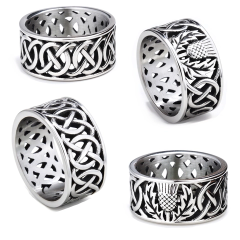 Anello A Fascia Con Nodo Celtico E Cardo Vintage Acciaio Inossidabile Traforato Gioielli Retro Per Uomo Donna