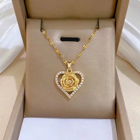 Collier Pendentif Cœur Rose Chaîne En Acier Inoxydable Cuivre Zircon Incrusté Bijoux Romantiques Élégants Pour Femmes Filles