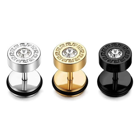 Round Stainless Steel Stud Earrings Greek Key Pattern Inlaid Rhinestone Center Barbell Trendy Unisex