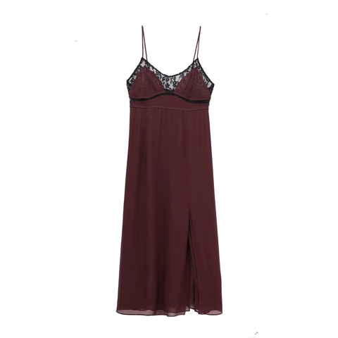 Abito Maxi Sexy Patchwork In Pizzo Rosso Scuro Chiffon Satin Spacco Laterale Schiena Scoperta Spalline Sottili Elegante Festa