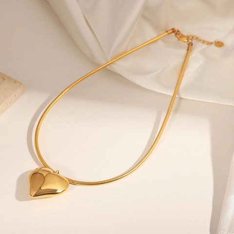 Collana Con Pendente A Cuore Acciaio Al Titanio Puffy Lucido A Specchio Catena A Serpente Gioielli Minimalisti