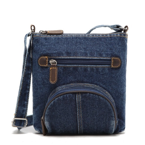 Vintage Casual Denim Crossbody Bag For Women Blue Jean Shoulder Bag With Multiple Zipper Pockets Adjustable Strap