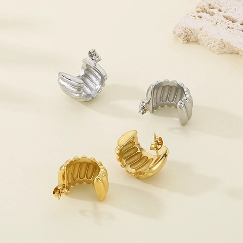 Pendientes De Botón De Acero Inoxidable En Forma De C Para Mujer Diseño De Croissant Rayado Vintage Joyería Tono Dorado