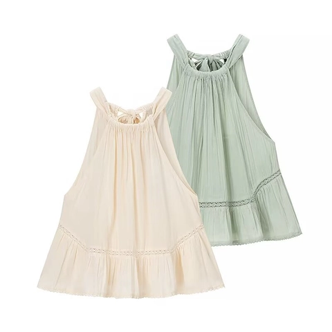 Women Elegant Halter Neck Sleeveless Blouse Summer Lace Embroidery Mesh Backless Ruffle Top Solid Color Versatile Style