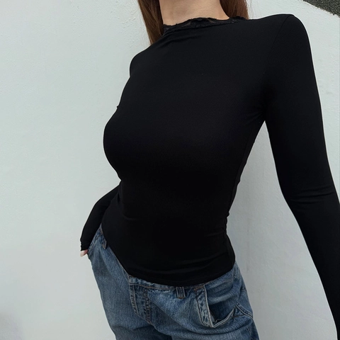Women Mock Neck Backless T-Shirt Lace Trim Slim Fit Long Sleeve Ribbed Sexy Casual Top