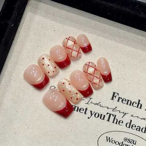 Handmade Press On Nails Red Gold Glitter French Tip Polka Dot Plaid Design Elegant Festive Fake Nails For Women