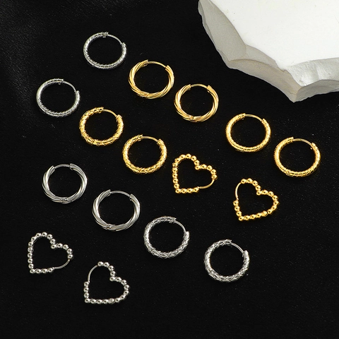 Stainless Steel Hoop Earrings Hammered Quilted Twisted Beaded Geometric Fashion Commuting Jewelry For Women