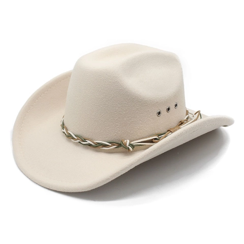Vintage Western Cowboy Hat Cotton Polyester Felt Wide Brim With Woven Band Metal Eyelets Retro Outdoor Fedora