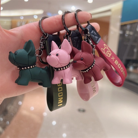 Franse Bulldog Sleutelhanger Hars Cartoon Hond Hanger Met PU Leren Polsband Strass Halsband Metalen Sluiting