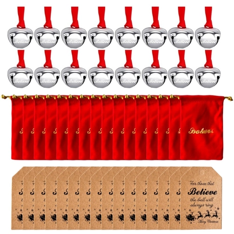 Christmas Metal Believe Bell Hanging Ornaments With Red Velvet Drawstring Bags And Kraft Paper Tags Tree Decorations