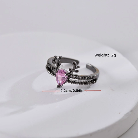 Hirschgeweih Herz Ring Kupfer Rosa Zirkonia Verstellbar Offen Fingerschmuck Für Frauen Modegeschenk