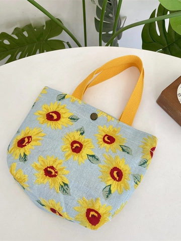 Borsa A Mano In Tela Con Stampa Girasole Borsa Tote Portatile In Lino Stile Dolce E Fresco Chiusura Con Bottone