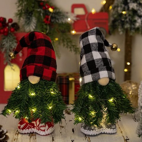 Natale Gnomo Rudolph Statuetta Catena Luminosa LED Cappello Quadri Rossi Neri Barba Aghi di Pino Decorazione Tavola