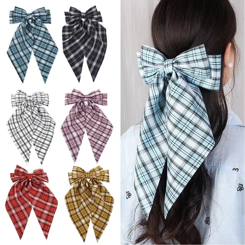 Karierte Schleife Haarklammer Mit Langen Bändern Stoff Federclip Preppy Style Haarschmuck Für Frauen Pferdeschwanz Halter