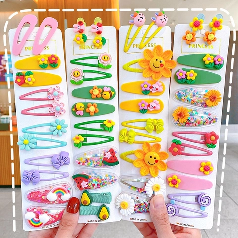 Ensemble De Pinces À Cheveux Enfants Dessin Animé Fleur Animal Arc-En-Ciel Plastique Résine Métal Barrettes Douces Filles