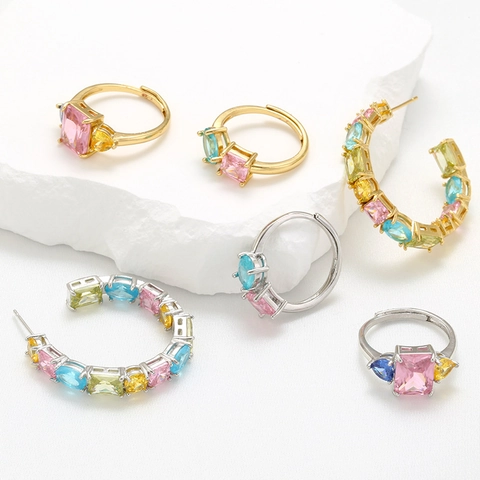 Geometric Copper Ring And Earrings With Colorful Cubic Zirconia Candy Color Ins Style For Women