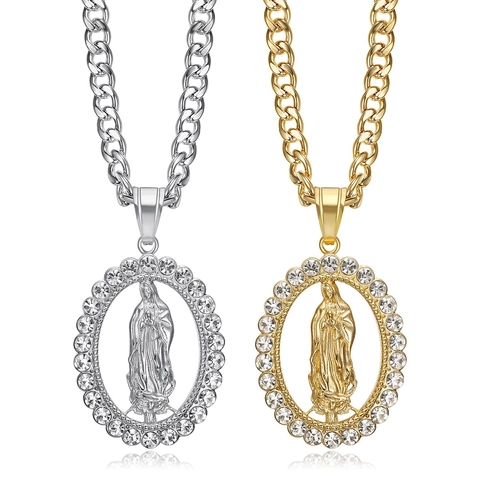 Collana con Pendente Vergine Maria in Acciaio Inossidabile Hiphop Placcato Oro Strass Medaglione Ovale Religioso Gioielli Unisex
