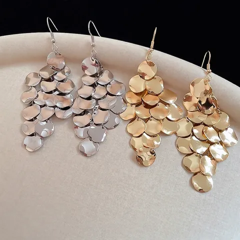 Mehrlagige Metall Runde Scheiben Hänger Ohrringe Pailletten Fransen Lang Schuppen Stil Modeschmuck Damen