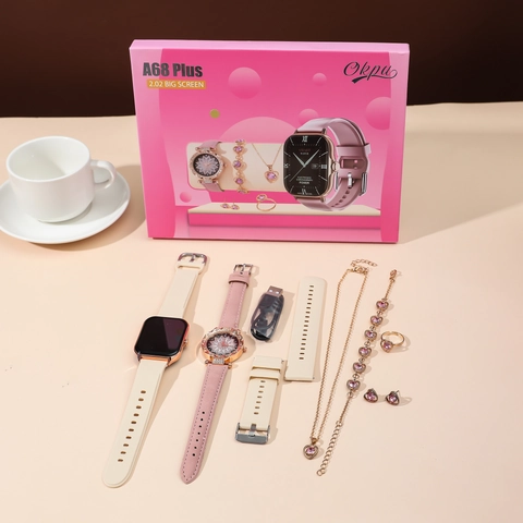 Women Smart Watch Jewelry Set 8-In-1 Rose Gold Rhinestone Fashion Watch Necklace Bracelet Earring Ring Silicone Strap Gift Box