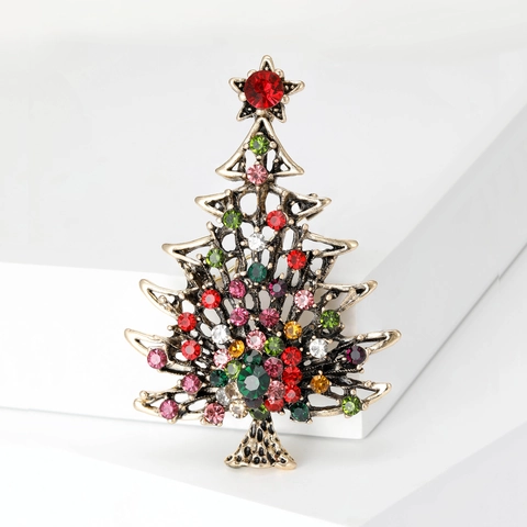 Vintage Christmas Tree Brooch Alloy Colorful Rhinestone Pins For Women Holiday Party Apparel Accessories