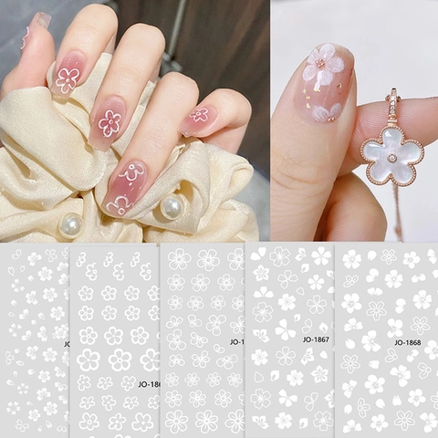 White Flower Nail Art Stickers Embossed Ice Flower Decals Waterproof Ultra-thin Self-adhesive For DIY Manicure
