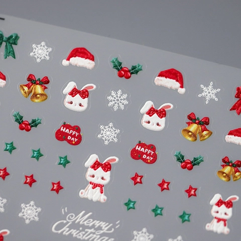 Christmas Nail Art Stickers 3D 5D Embossed Cartoon Rabbit Santa Hat Snowflake Self Adhesive Decals For Winter Manicure