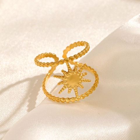 Sonnenstrahl Stern Ring Edelstahl Verstellbar Offen 18K Vergoldet Doppelte Perlenband Boho Schmuck Für Damen