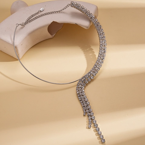 Silver Color Copper Rhinestone Choker Necklace With Multi Row Long Tassels Adjustable Elegant Party Jewelry For Women