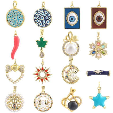 Ciondoli Pendenti Rame Placcato Oro 18K Zircone Smalto Malocchio Cuore Luna Sole Peperoncino Accessori Gioielli DIY