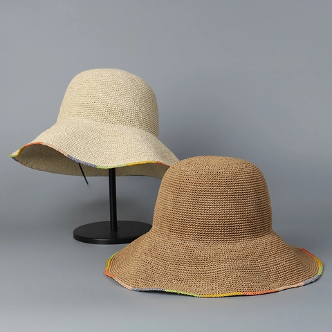 Cappello A Secchiello In Paglia Fatto A Mano Da Donna Tesa Larga Pieghevole Rafia Traspirante Protezione Solare Estate Spiaggia
