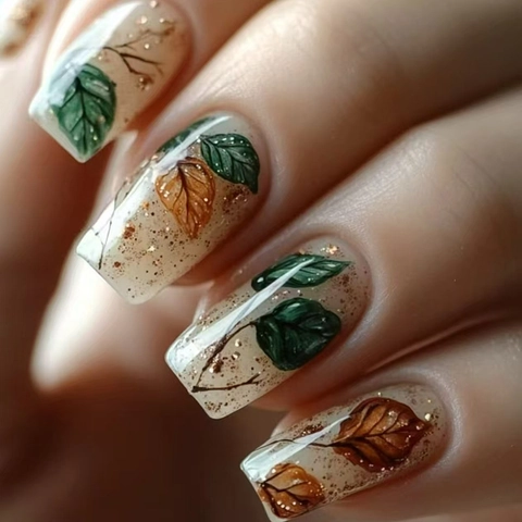 Autumn Leaf Design Press On Nails Glitter Square Oval Shape ABS Plastic For Women DIY Manicure