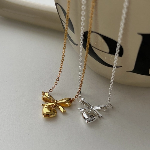 925 Sterling Silver Bow Heart Pendant Necklace For Women Elegant Gold Silver Plated Sweet Clavicle Chain Fashion Jewelry