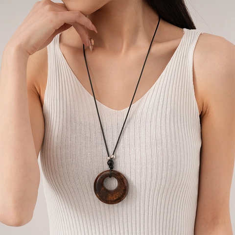 Collana Lunga Con Pendente Vintage Resina Geometrica Rotonda Inchiostro Marrone Ambra Perle Lega Gioielli Retrò Da Donna