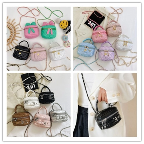 Meisjes Mini Crossbody Tas Gewatteerd PU Leer Pailletten Denim Kettingriem Strik Bloem Decor Handtas