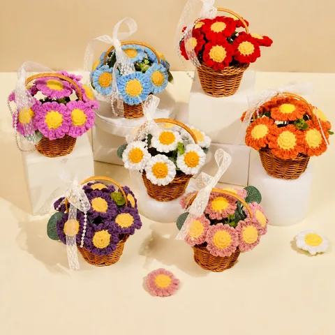 Cesta De Flores De Ganchillo Hecha A Mano Decoración Flores De Punto Girasol Rosa Artificial Adorno De Escritorio Mimbre