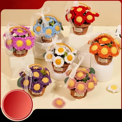 Handmade Crochet Flower Basket Ornaments Yarn Knitted Artificial Sunflower Rose Desktop Decor Gift Woven Rattan