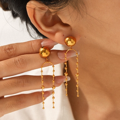 Stainless Steel Round Bead Tassel Drop Earrings Gold Tone Geometric U Shape Fashion Jewelry For Women