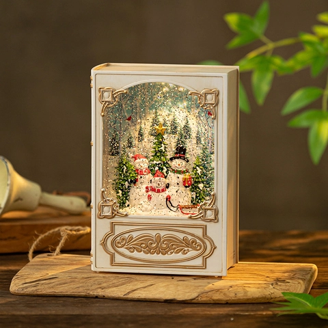 Weihnachts Schneekugel Laterne Spieluhr Retro Buchform Kunststoff LED Licht Rotierender Glitzer Festliche Tischdeko Geschenk