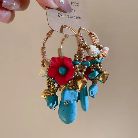 Orecchini A Cerchio Boho Etnici Con Perno In Argento Corda Intrecciata Fiore Elefante Pietra Per Donna