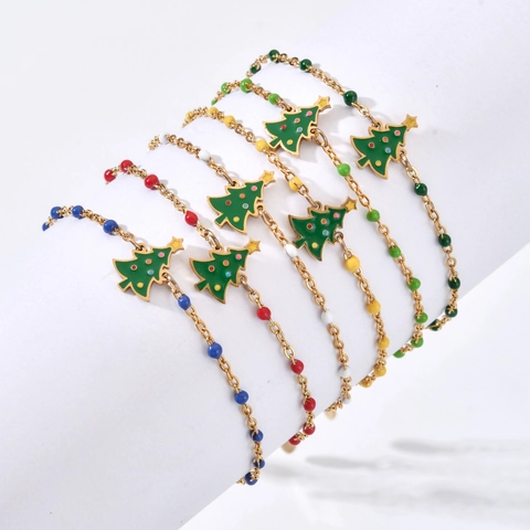 Christmas Tree Pendant Bracelet Stainless Steel With Colorful Beads Enamel Festive Holiday Jewelry For Women